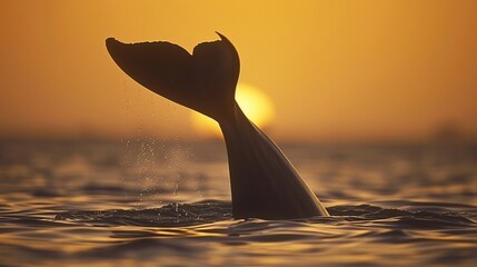 Dugong, tail fin above surface, rear view, graceful, muted sunset glow , low noise - obrazy, fototapety, plakaty