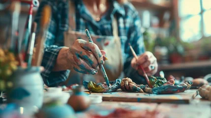 Foto op Plexiglas In a small workshop a group of artists and craftspeople collaborate on a community art installation. They carefully paint sculpt and arrange different pieces each one adding their . © Justlight