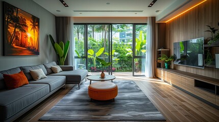 Modern Living Room with Tropical View and Stylish Decor