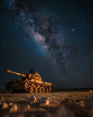 El Alamein, deserted tanks under starry night, low angle, historic, cool desert hues , 8K Ultra HD