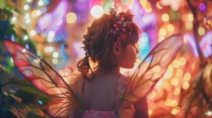 A young child dressed in a fairy costume stares in awe at the elaborate set and props back to the camera as imagines herself . .