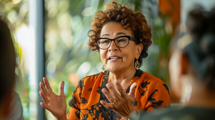 A senior Hispanic woman leading a training session on workplace diversity, with passion and conviction in her message  - obrazy, fototapety, plakaty