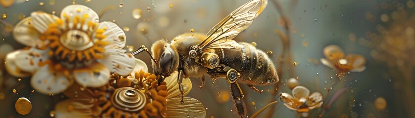 Steampunk bee with mechanical wings collecting nectar from industrial flowers - obrazy, fototapety, plakaty