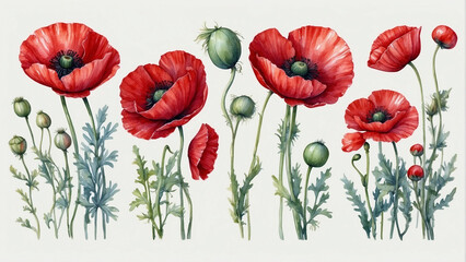 Set of red summer poppy flowers with stems watercolor art