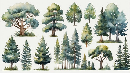 Beautiful watercolor trees. set of isolated trees in summer - obrazy, fototapety, plakaty