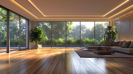 A house with wooden flooring, abundant windows, and natural shade from trees - obrazy, fototapety, plakaty