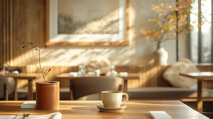 Modern Cafe Interior with Warm Sunlight and Cozy Atmosphere