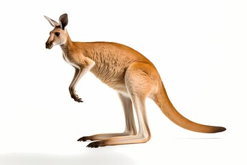 Naklejka na ściany i meble Agile kangaroo mid-hop, powerful legs captured in mid-air suspension, isolated on white solid background