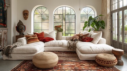 Ethnic Styled Living Room Interior with Arch Windows and Lush Plants