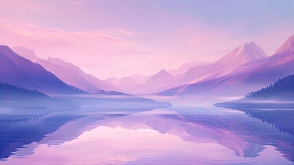 Tranquil Mountain Lake Reflection in Soft Pastel Colors, Animated Cartoon Landscape.  - obrazy, fototapety, plakaty