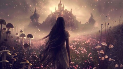 A lone figure with long flowing hair stands with their back towards the camera facing a majestic castle in the distance. The meadow . .