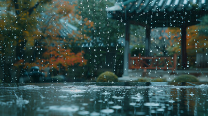 Rainy day with raindrops falling from the roof with scene of autumn tree at japanese garden on background. weather forecast, environment and climate change concept.