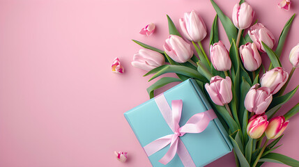 The photo showcases a concept of Mother's Day decorations featuring a blue giftbox, ribbon bow, and pink tulips on a pastel pink background, suitable for a holiday web banner.