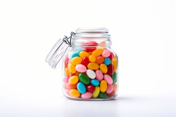 A transparent glass jar filled with colorful jellybeans isolated on white solid background