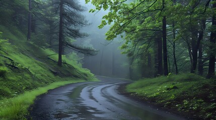 Verdant Path Through Rain-Kissed Forest./n