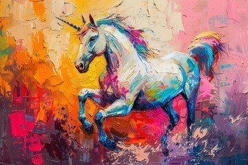 Vibrant unicorn abstract, oil paint with palette knife, on a richly colored background, with striking lighting and vivid highlights