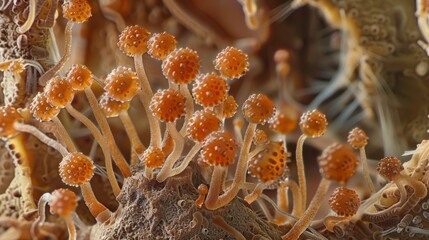 An expansive view of a fungal habitat under a microscope with sporangias protruding from every surface. - obrazy, fototapety, plakaty