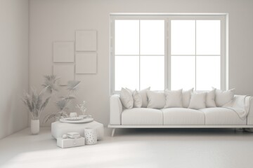 Grey living room concept with sofa. 3D illustration