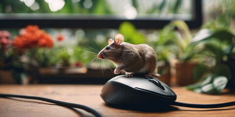 A Brown House Mouse on a Black Computer Mouse. A brown house mouse with whiskers and a pink tail sits on top of a black computer mouse. The computer mouse has a cord and rests on a wooden table. - Powered by Adobe