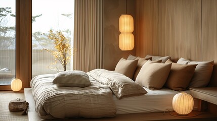 Modern Bedroom Interior with Cozy Bed and Warm Lighting