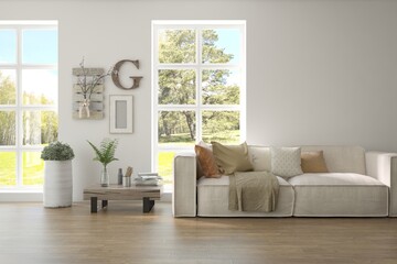 White living room with sofa and summer landscape in window. Scandinavian interior design. 3D illustration