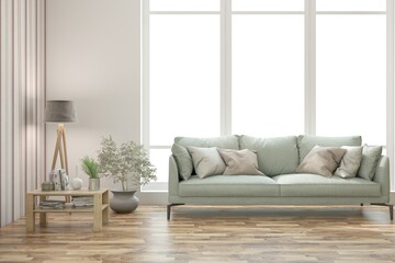 White living room with sofa. Scandinavian interior design. 3D illustration