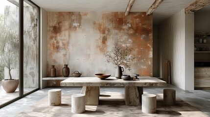 Modern Rustic Dining Room with Natural Wood Furniture and Textured Wall