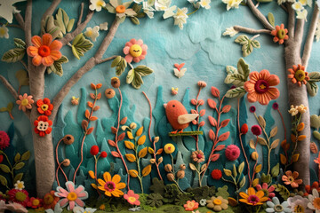 A detailed wool felt scene bursts with life. Vibrant birds sing from the trees, surrounded by colorful flowers, all set against a lush green grass background with a textured wool finish.