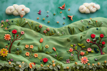 Explore a vibrant world with a cute bird resting on green hills and colorful flowers, all lovingly stitched from wool felt and fabric like a charming children's book illustration.