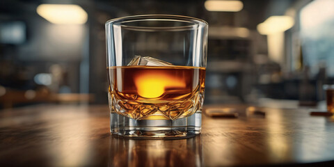 A glass of whiskey with ice on a wooden table. A photo of a glass of whiskey with ice cubes in it. The glass sits on a worn wooden table