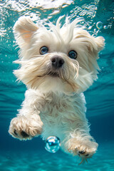 Maltese Dog Swimming Underwater Close-Up - obrazy, fototapety, plakaty