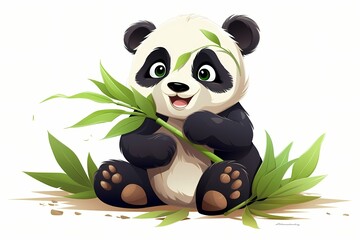 A simple, cute cartoon panda eating bamboo shoots, with a content expression, isolated on a white solid background