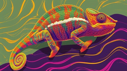 Chameleon in pop-art style graphic, psychedelic colors swirling around its form, Olive Green and Electric Purple background