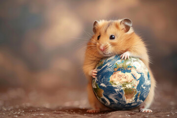 A cute hamster holding the earth in the style of fantasy photography