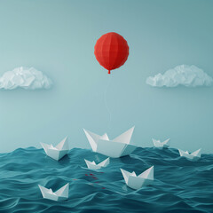 Fototapeta na wymiar Business advantage concept and game changer symbol as an ocean with a crowd of paper boats and one boat rises above the rest with a red balloon as a success and innovation metaphor for new.