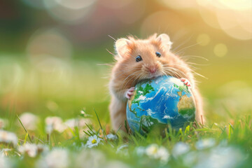 A cute hamster holding the earth in the style of fantasy photography - obrazy, fototapety, plakaty