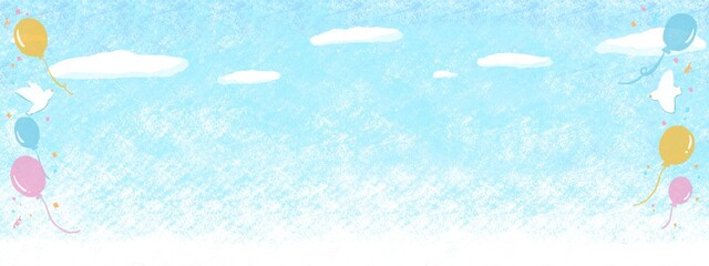 空と鳥と風船の手書き風背景イラスト
