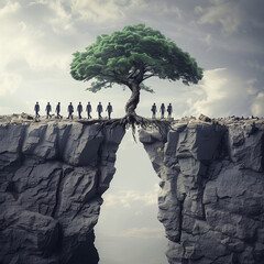 Business growth opportunity concept as a group of business people taking advantage of a tall tree grown to create a bridge to cross over and link two separate cliffs for patience and opportunism. - obrazy, fototapety, plakaty
