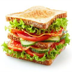 Delicious toasted sandwich with cheese, lettuce, and tomato on a white background.