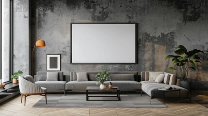 Smart Tv Mockup with white screen hanging on the wall, empty living room, 3d rendering
