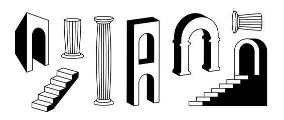 Arches, columns and stair collection. Surreal greek ruin element set. 3d antique style arcs, doors, pillars, staircase, gates bundle Trippy shapes pack for collage, poster, banner, sticker. Vector