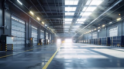 Obraz premium Inside a solarpowered warehouse natural light floods through large skylights and solar tubes illuminating rows of stacked containers . .
