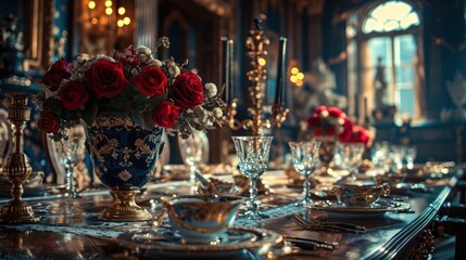 depiction of a romantic dinner date concept, capturing the intricate details of a table adorned with fine china, crystal, and luxurious table settings
