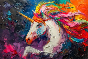 Palette knife oil artwork of a unicorn, body in bright colors, on a dynamic background, with colorful highlights and theatrical lighting