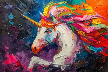 Fotobehang Palette knife oil artwork of a unicorn, body in bright colors, on a dynamic background, with colorful highlights and theatrical lighting © Thanadol