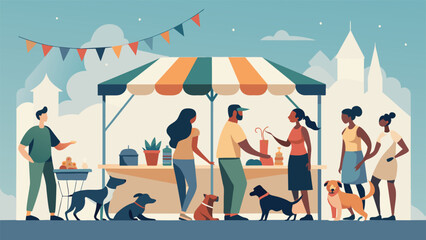 At a community event a booth is set up with volunteers showcasing different rescue animals up for adoption. The atmosphere is lively and joyful