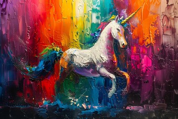 Abstract painting, unicorn with colorful body, using palette knife in oil, on a multihued background with dramatic lighting effects