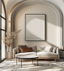 Contemporary Scandinavian Living Room: 3D Render of Poster Frame in Modern Interior Design