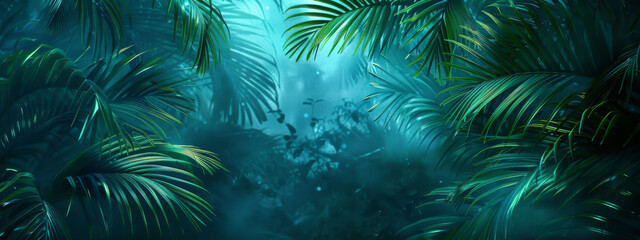 tropical jungle dark background with palm leaves, green and blue colors