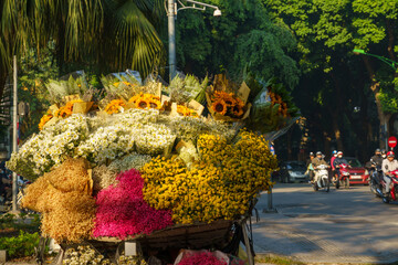 Rear view of street flower vendor seller on bicycle in Old Quarter in Hanoi, Vietnam..